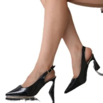 Women's pointed toe sandals with mid heel and ankle-strap buckle in black, white, and brown colour options