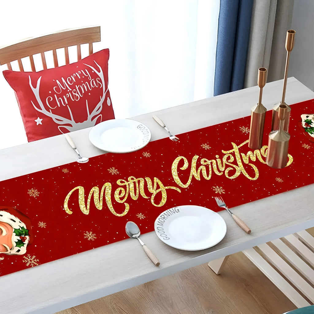 Polyester table flag 181x35.5cm with Santa Claus Head Statue design for Christmas dining table decoration
