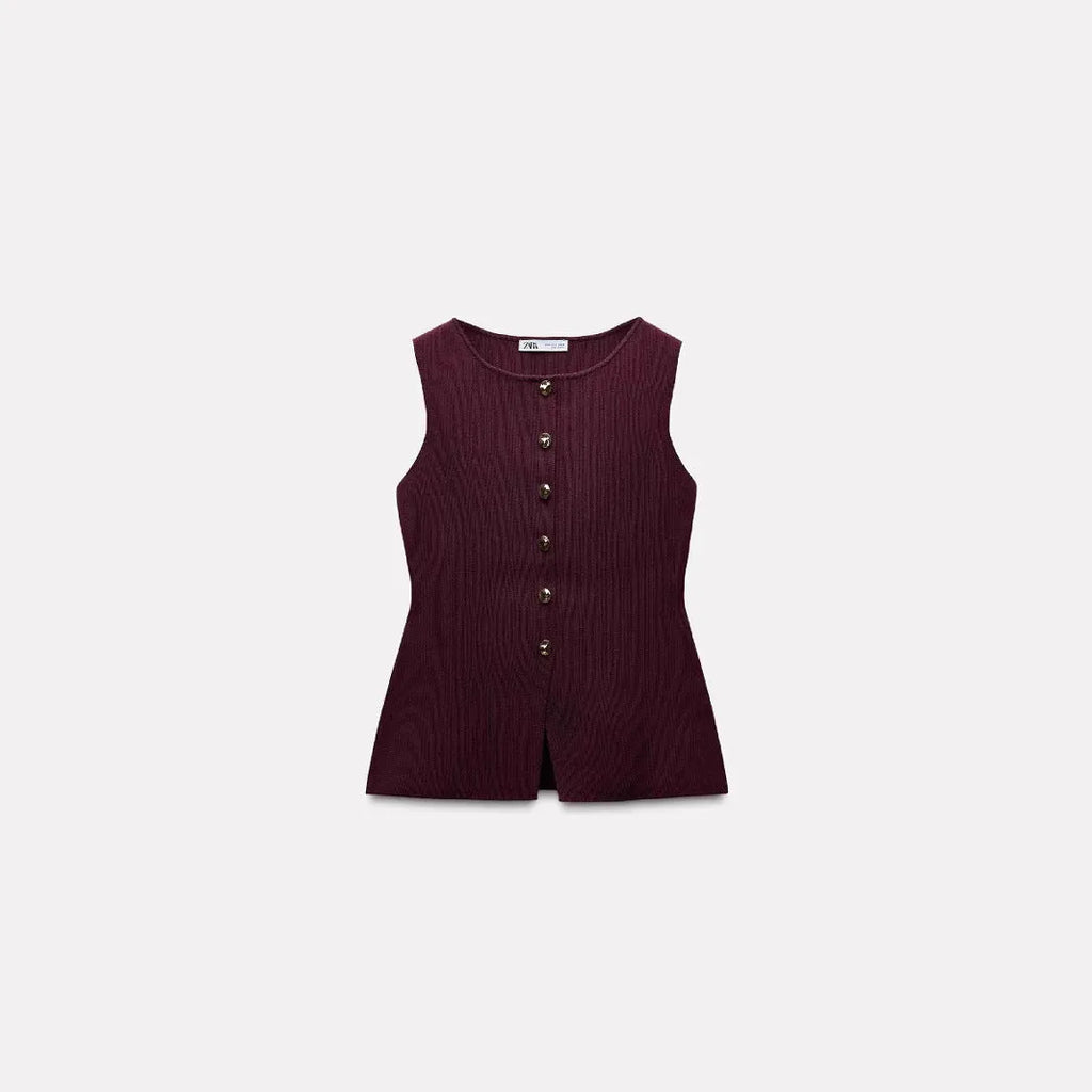 Dark red slim-fit sweater vest with gold buttons and 3D patterning on mannequin