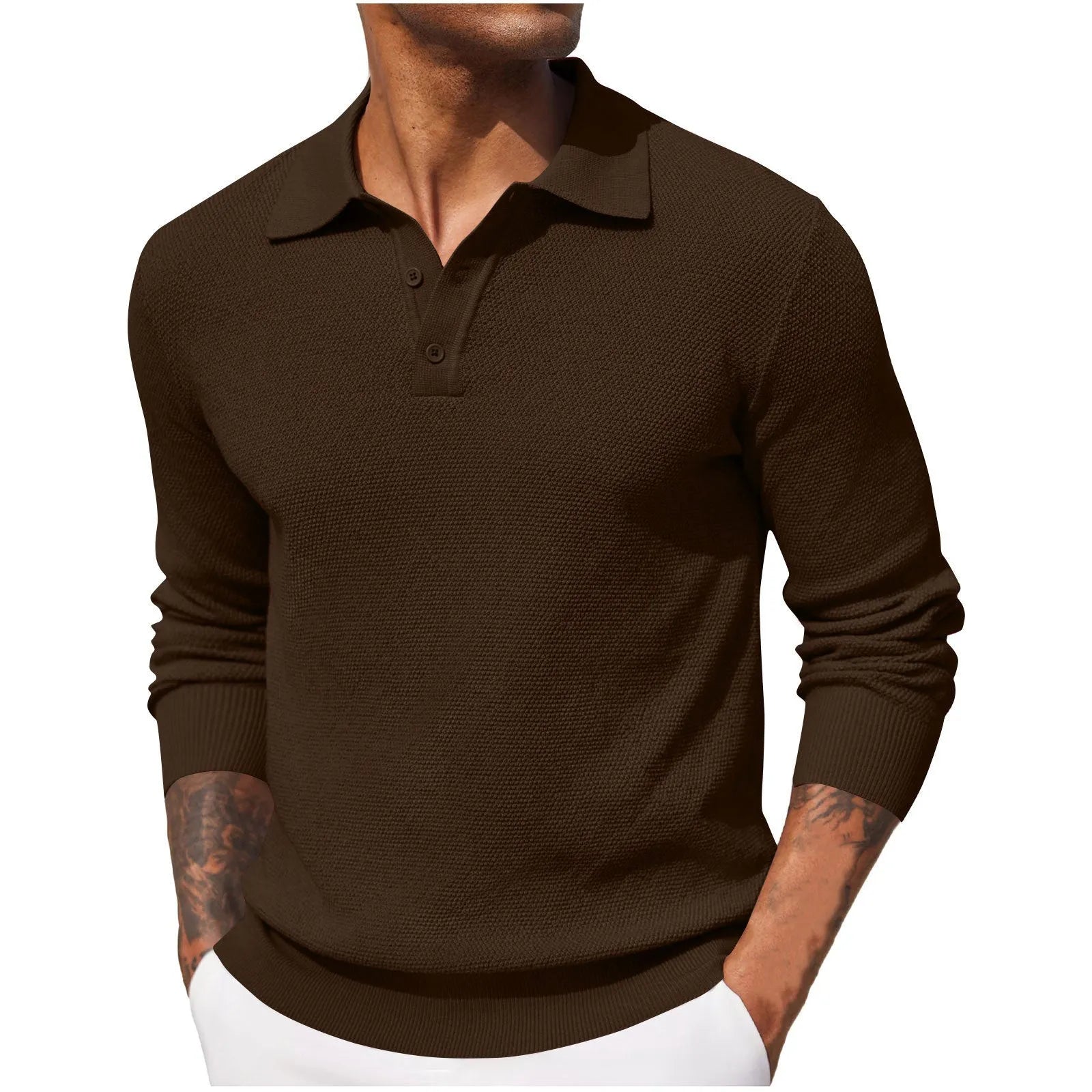 Men's solid colour long-sleeved polyester top in wine red, casual style, autumn wear