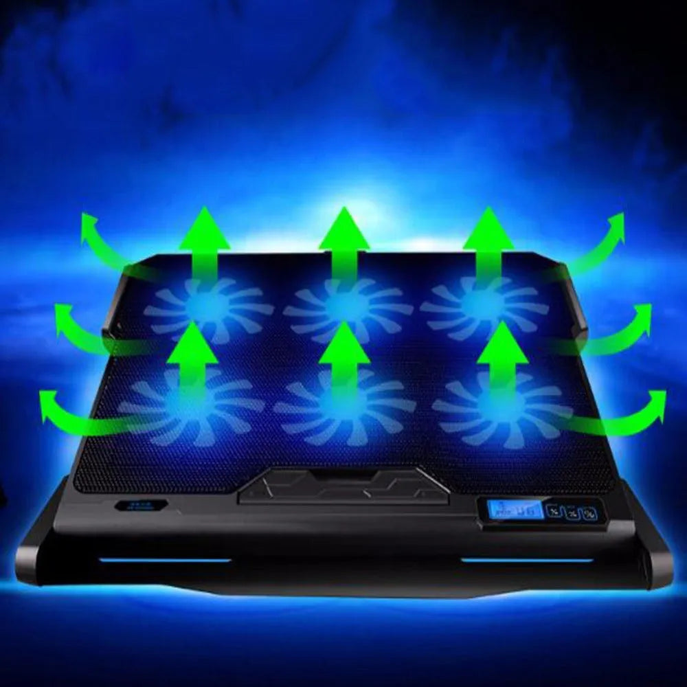 Metal mesh laptop cooling board with integrated fan system showing LCD display with speed control