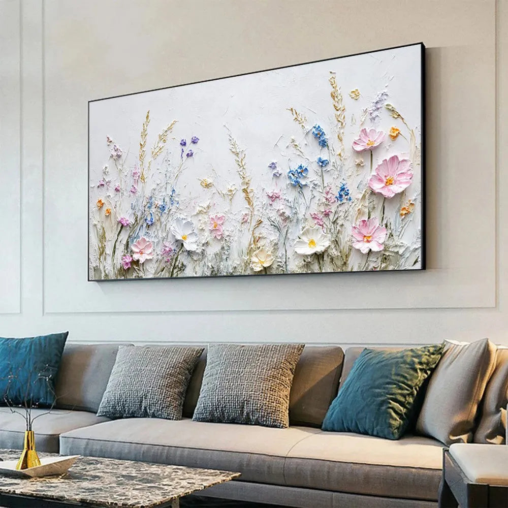 Handmade oil painting canvas wall art with 3D palette knife flowers in modern style, horizontal orientation, frameless and rolled