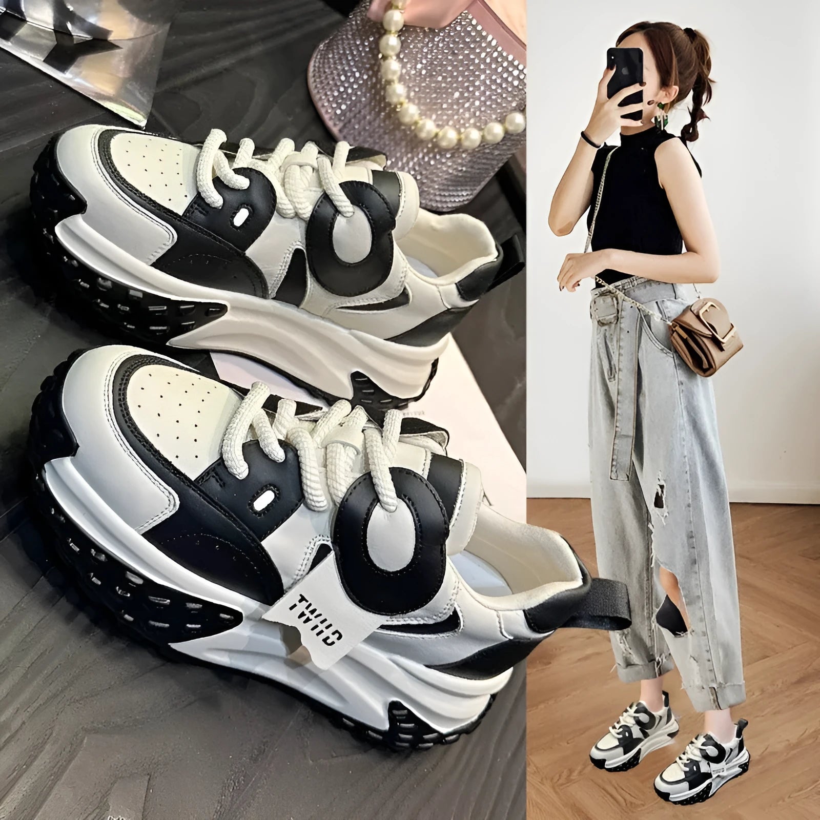 Leather sports casual shoes with thick rubber wedge sole and lace-up front in four colour options.