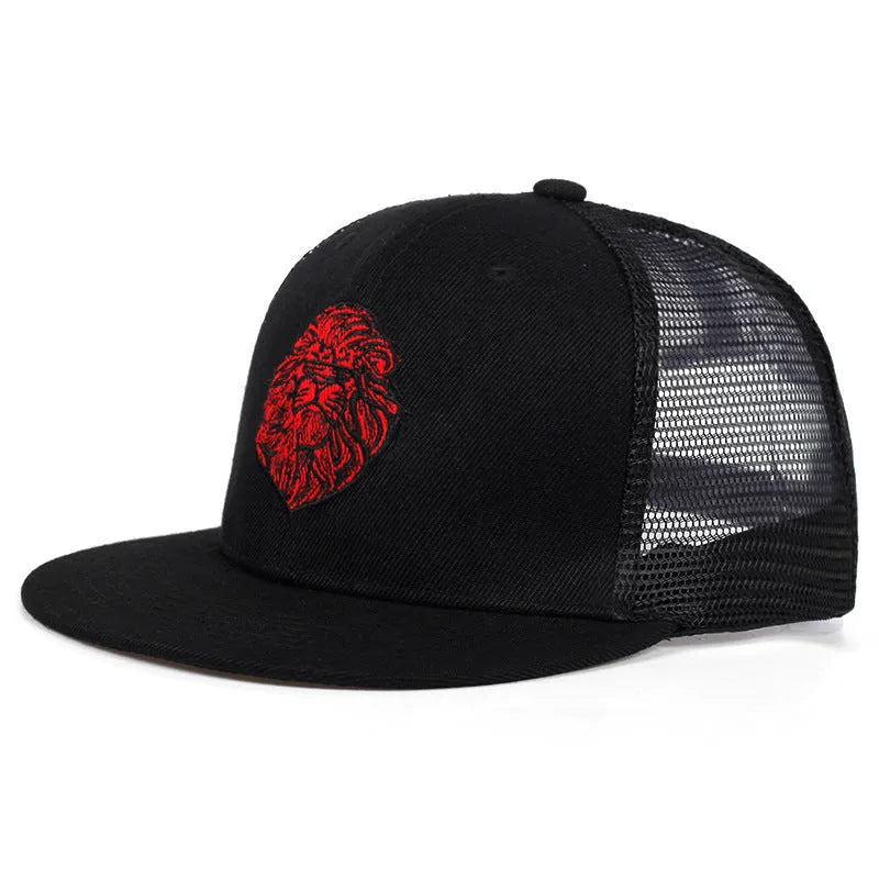 Cotton baseball cap with lion face embroidery in black, front view, adjustable back strap