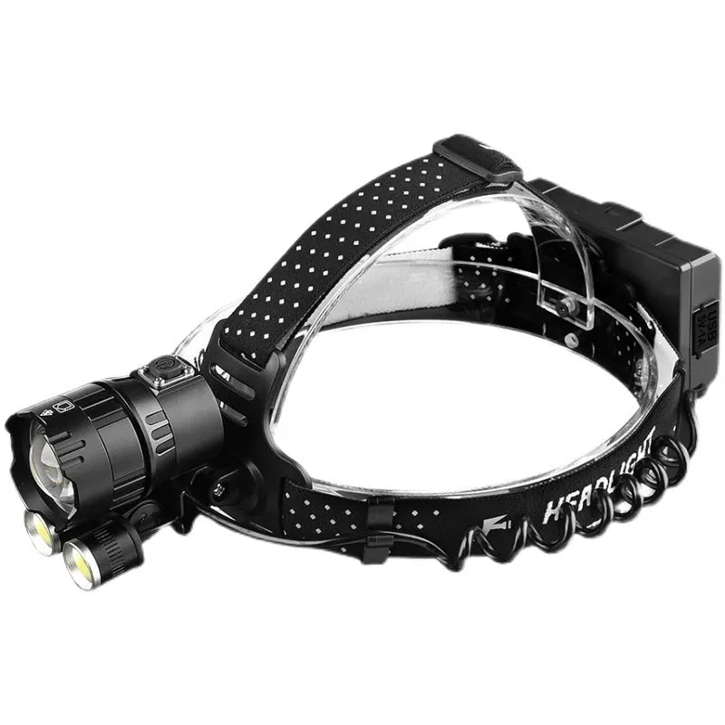Waterproof USB rechargeable headlamp 4500 lumen with XHP160 LED, 2 COB lights, IPX6, adjustable zoom and power output.