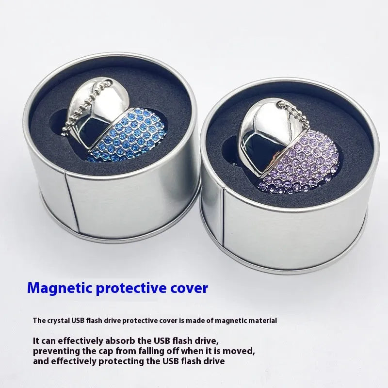 Blue heart-shaped USB flash drive with a textured brick-inlaid pattern on its metal shell.