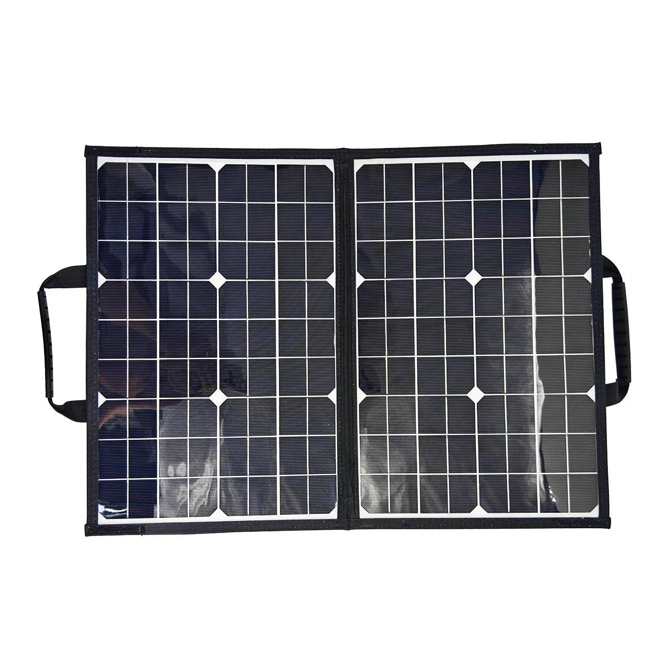 Black fabric folding bag containing a 40W single crystal solar panel, shown folded to its 42.5cm by 28.5cm size.