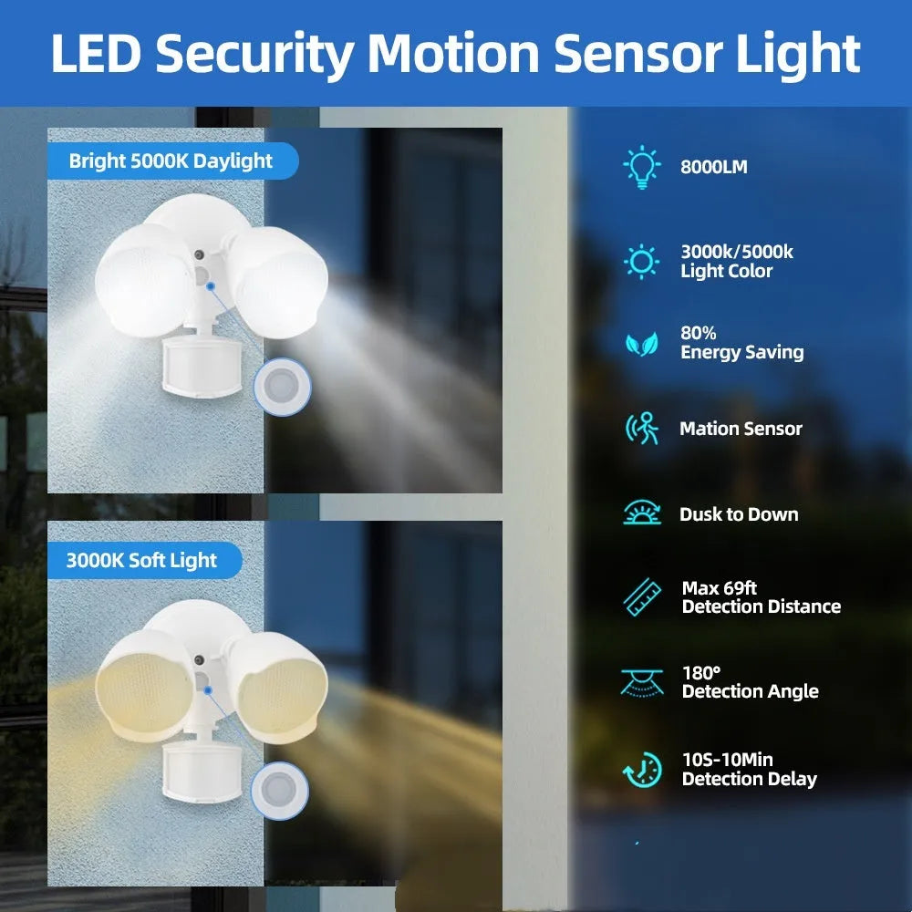 White rectangular PIR motion sensor security flood light with LED panel, showing wall mount bracket.