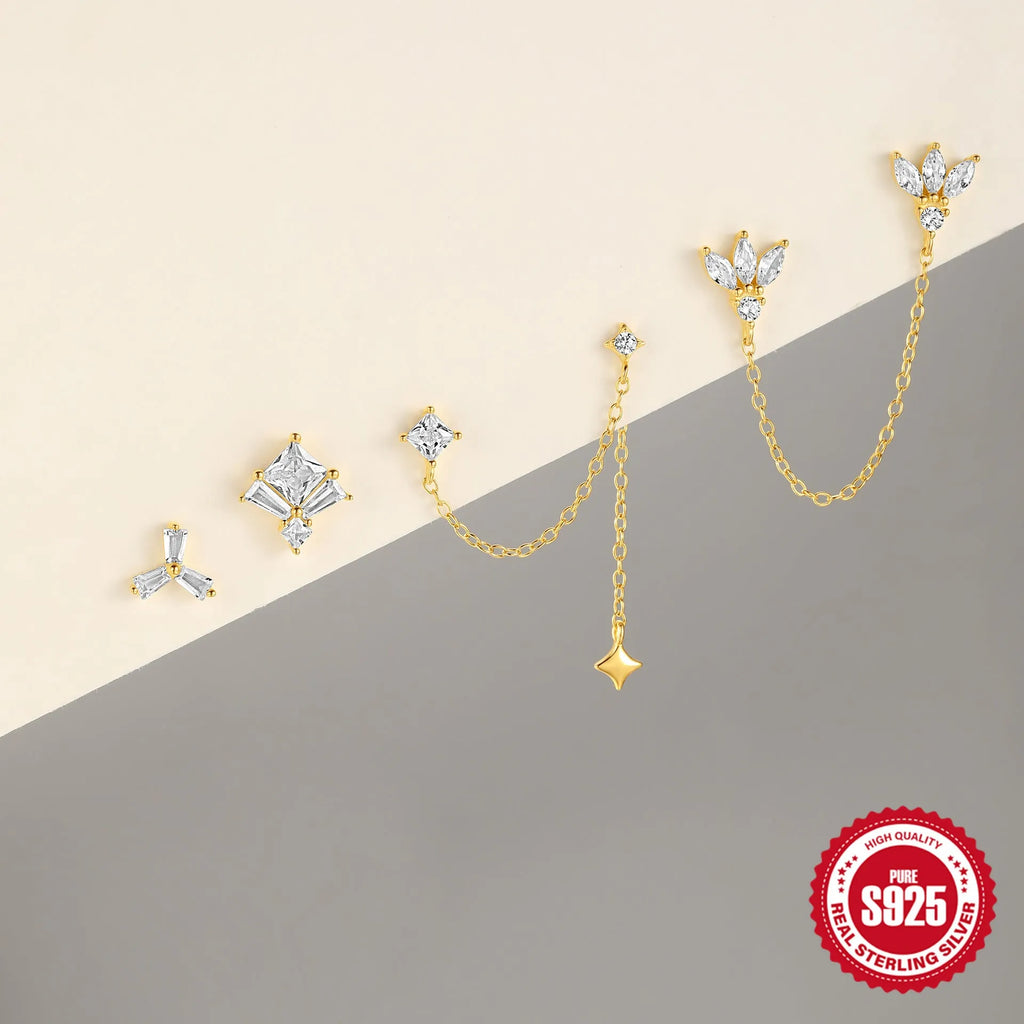 Golden geometric S925 sterling silver stud earrings with zircon, showing clover, crown, chain, and double piercing designs.
