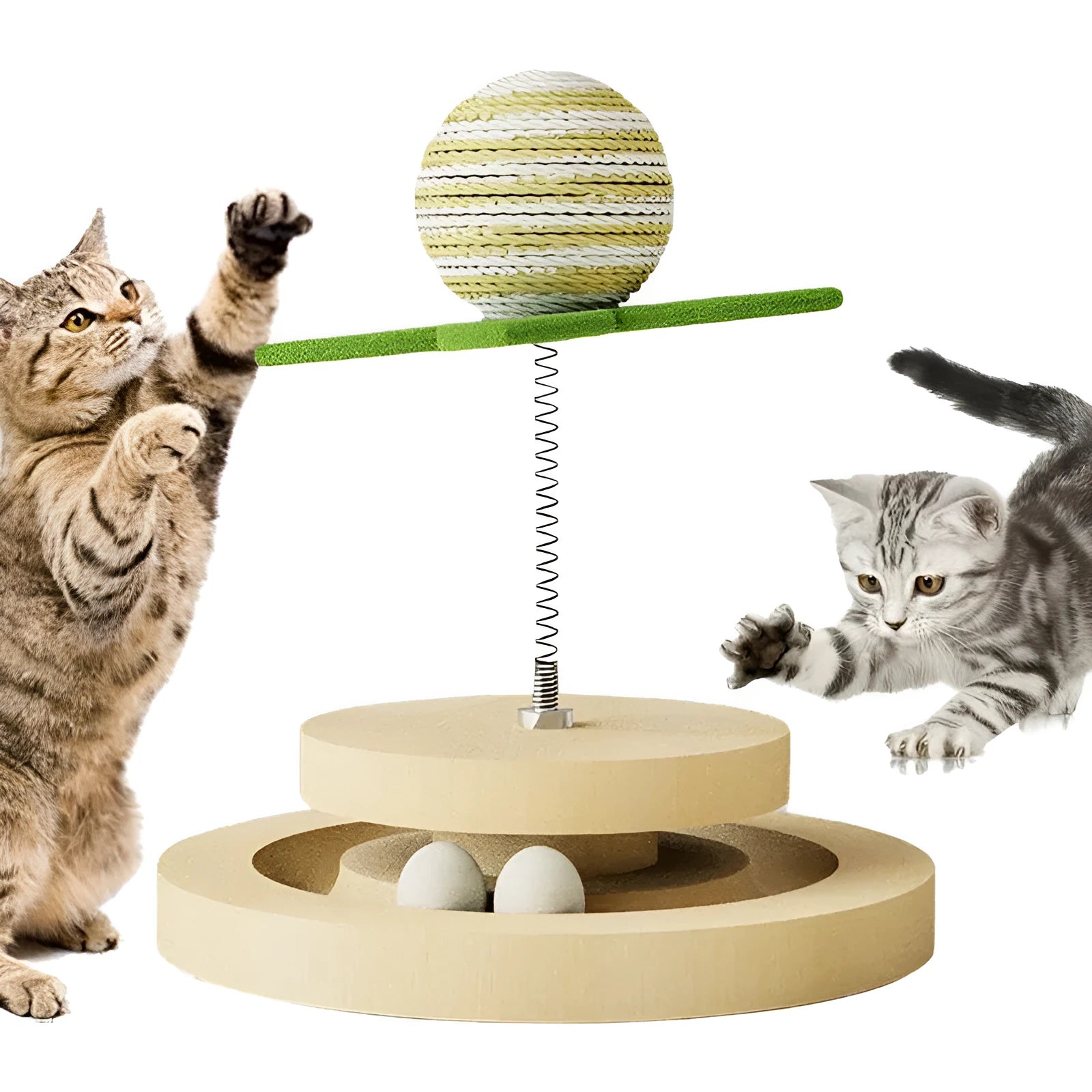 Green sisal cat toy with multi-layer rotating ball track and spring ball for indoor feline play