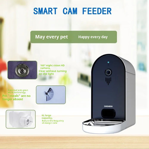 Automatic pet feeder with remote monitoring in Barbie pink and ivory white colours