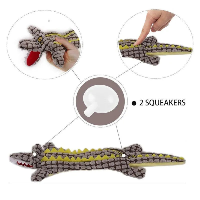 Blue corduroy plush crocodile dog toy with squeaker, shown next to a coffee-coloured large size version.