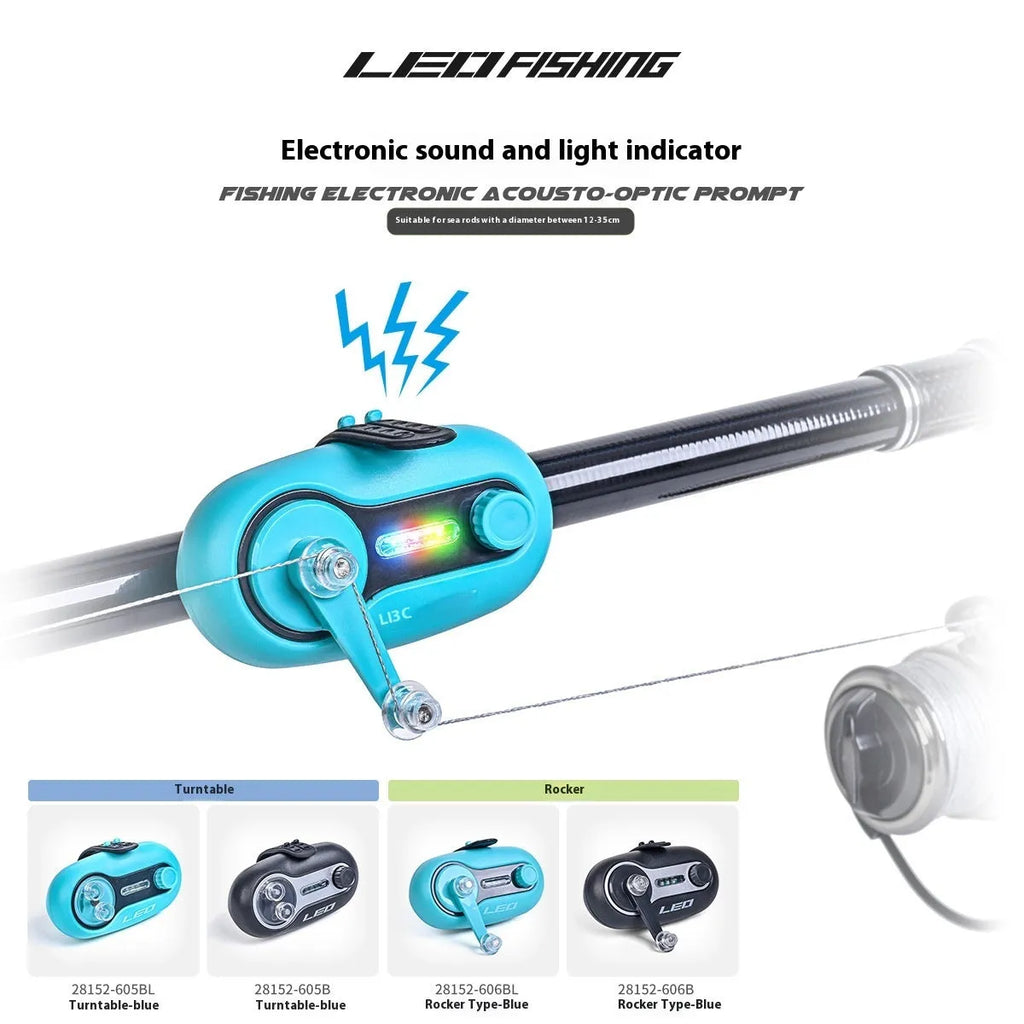 Fishing rod alarm with automatic signal lamp in blue or black colours for night fishing