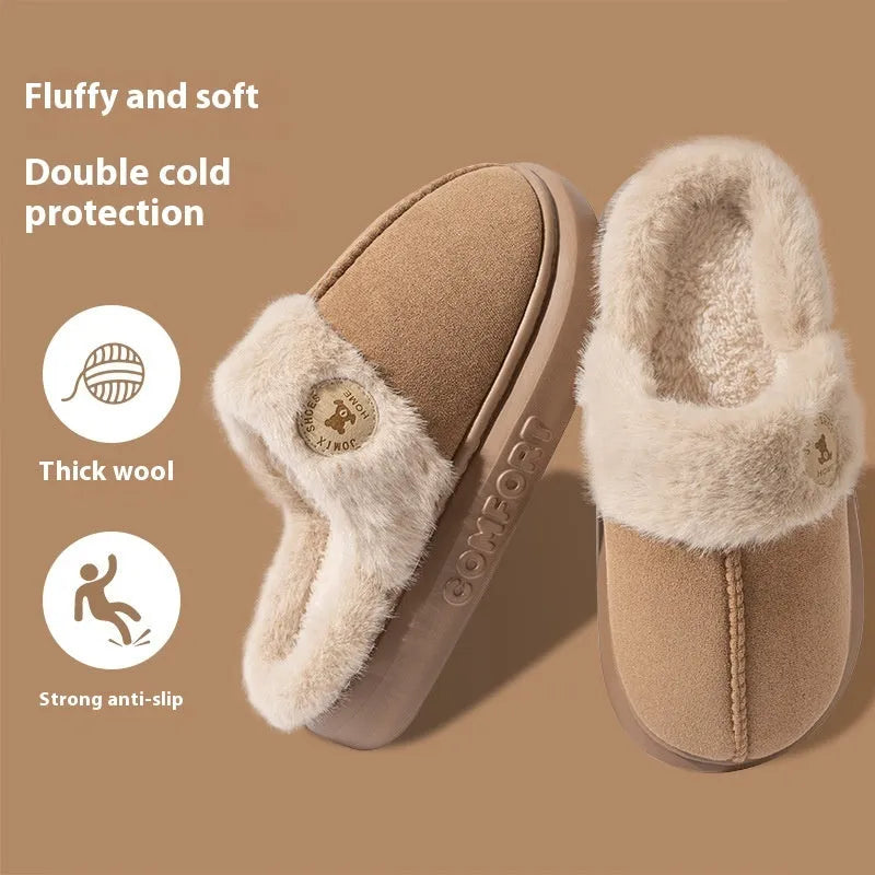 Winter warm plush slippers with thick PVC soles and fleece construction in multiple colours