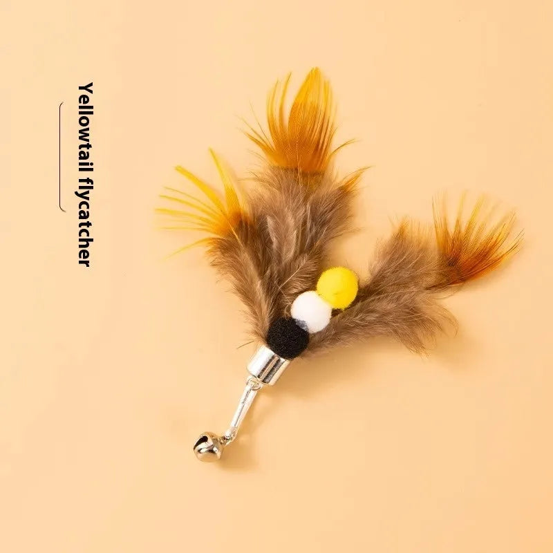 Three small steel-wire insect toy heads for cats in assorted colours, against a white background.