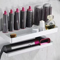 White double-layer aluminium punch-free bathroom storage rack mounted on tiles.