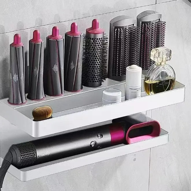 White double-layer aluminium punch-free bathroom storage rack mounted on tiles.