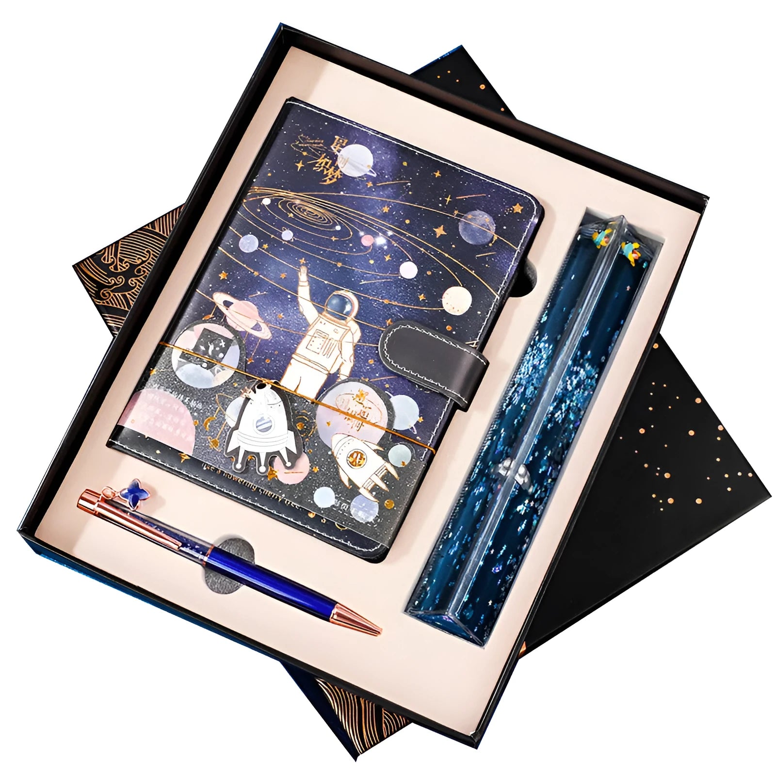 Galaxy Dream wire-o bound astronaut colouring notebook set with pen in gift box