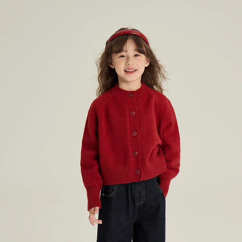 Girl's Korean-style red knitted cardigan with long sleeves, single-breasted front, cashmere blend fabric, suitable for 90-160cm height