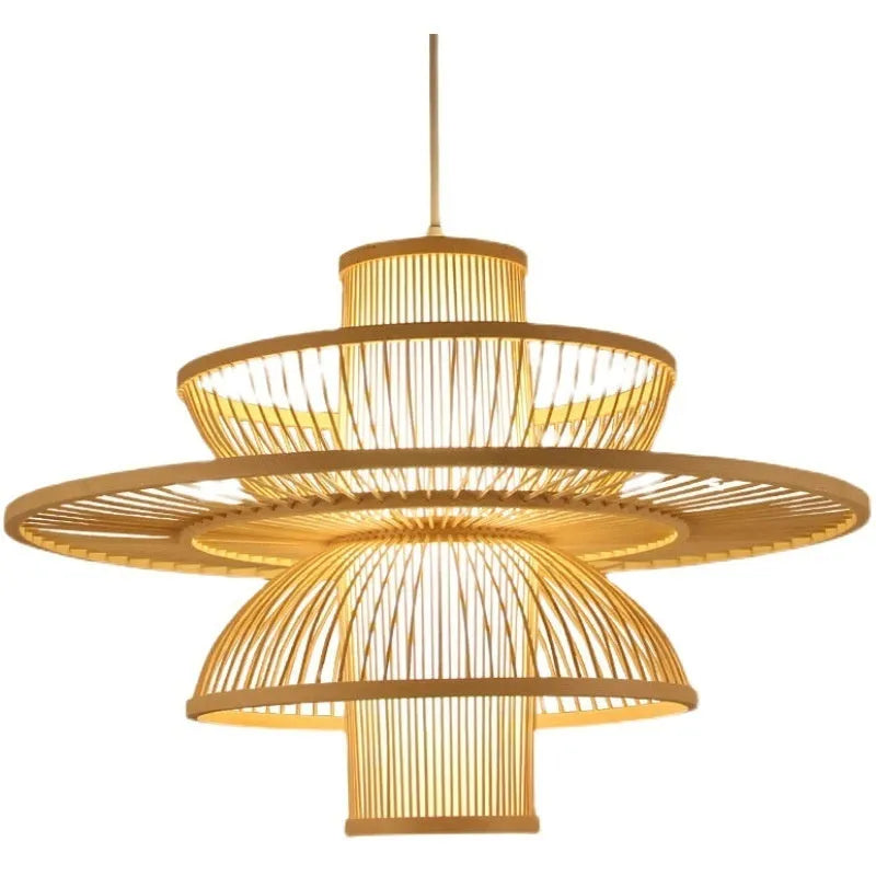 Bamboo lantern chandelier 40x40cm with spotlight, modern Chinese style, Wax Gourd Style, for restaurant ceiling