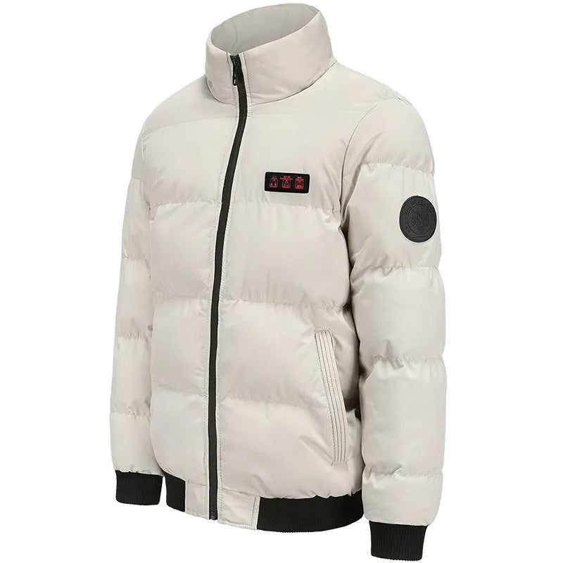 Outdoor warm heated jacket in black with cardigan style and USB heating port