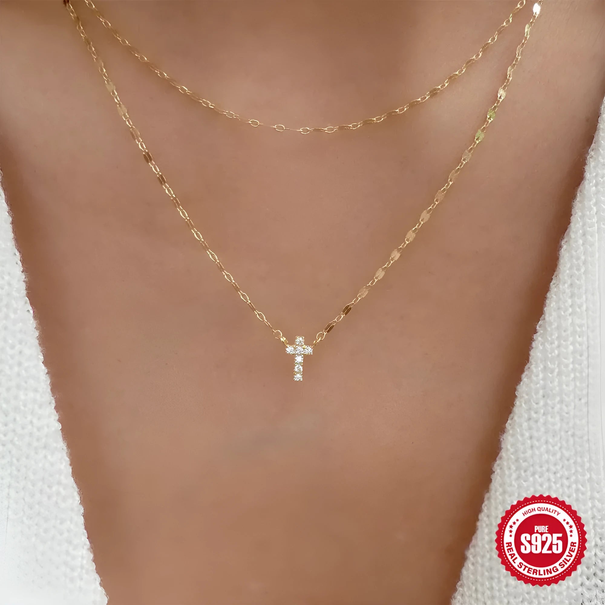 S925 sterling silver double layer twin diamond cross pendant necklace on an adjustable clavicle chain.