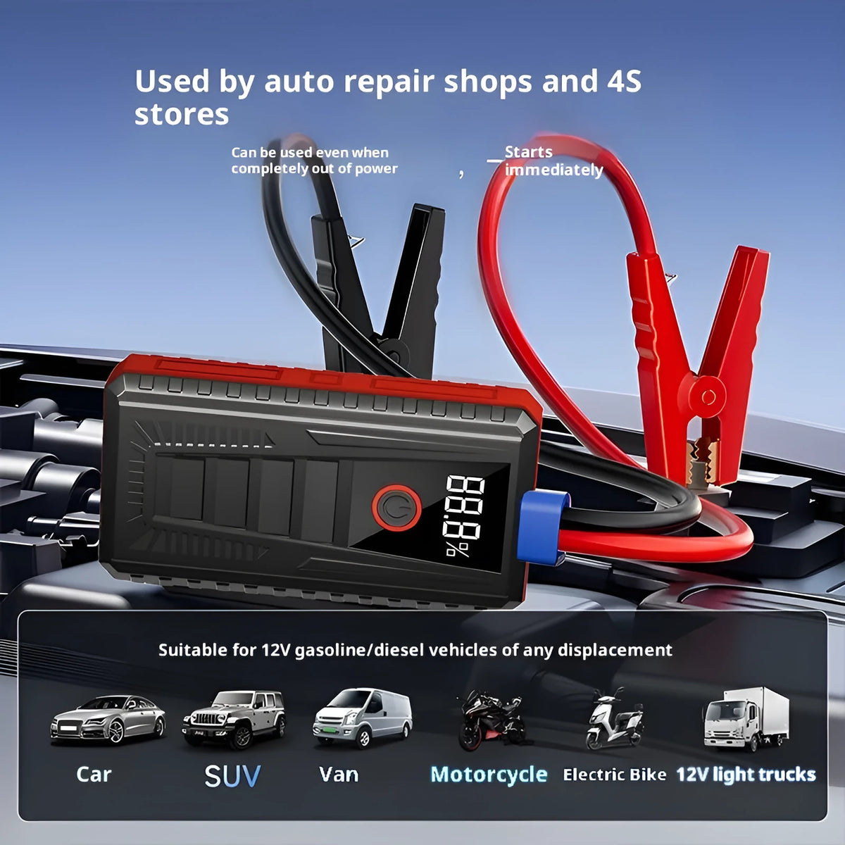 Car jump starter 1000A peak 14.8V emergency power supply with ordinary clip and storage bag, 15.7cm x 8.1cm x 3.6cm