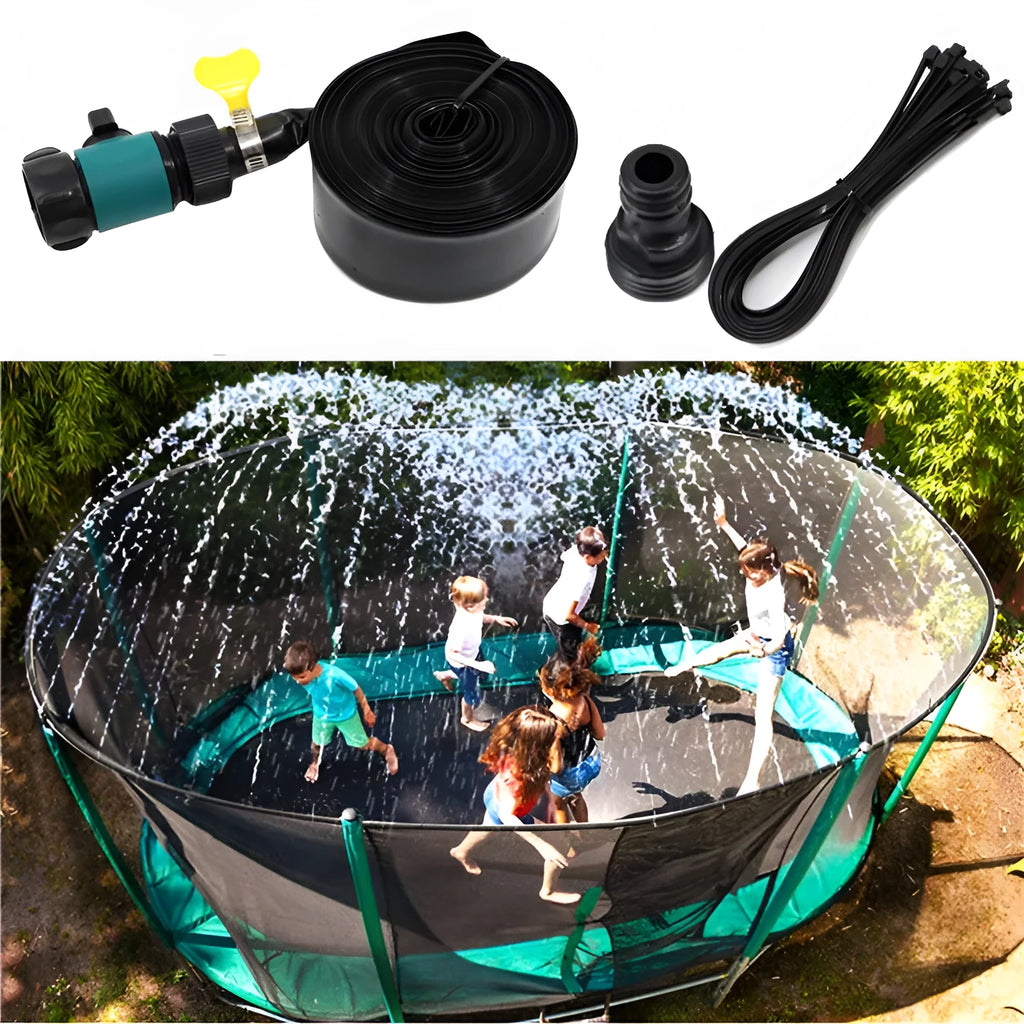 Blue portable garden sprinkler with solar panel on PVC hose for garden watering.