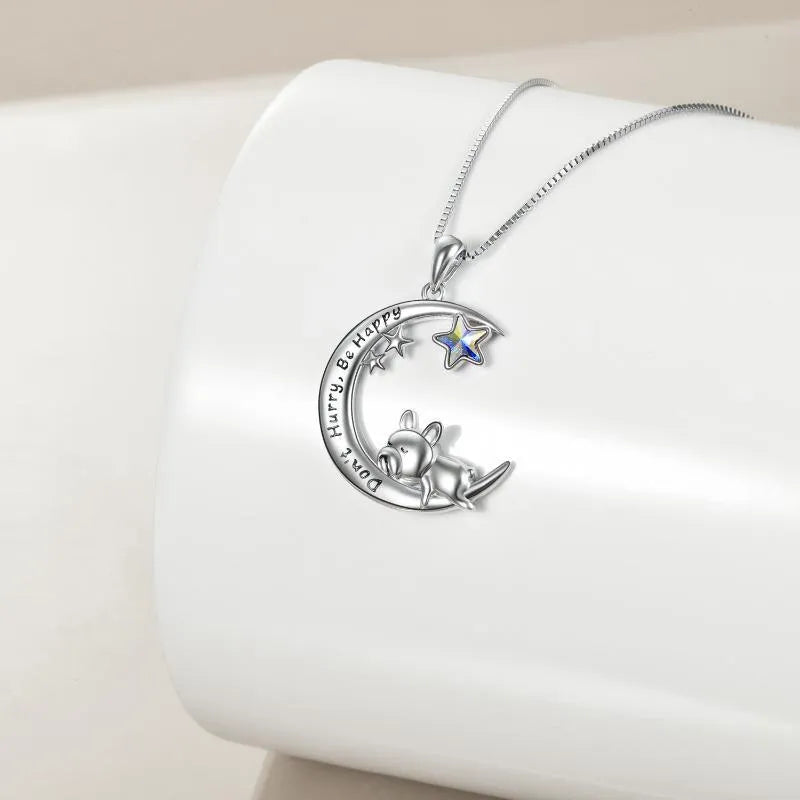 Sterling silver French Bulldog moon pendant necklace with crystal accent on 18-inch box chain