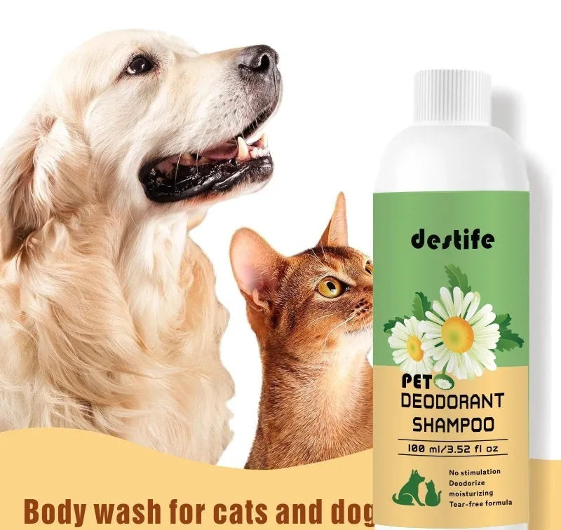 100ml bottle of pet shampoo and shower gel for dogs and cats with fragrance and deodorising formula