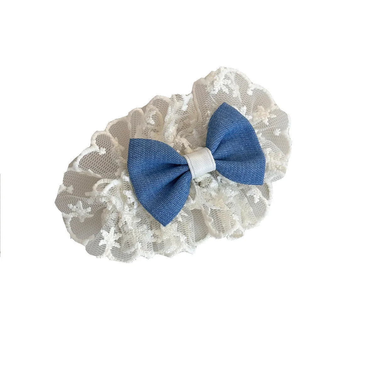 Beige lace hair rope barrette with blue bow decoration and metal clip
