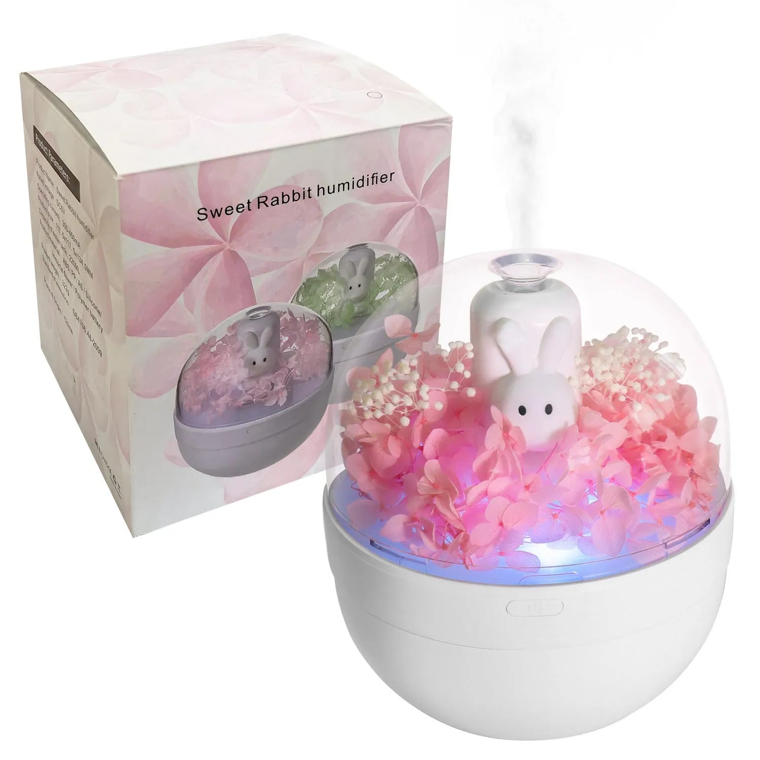 Pink rabbit-shaped preserved flower aromatherapy humidifier with essential oil diffuser