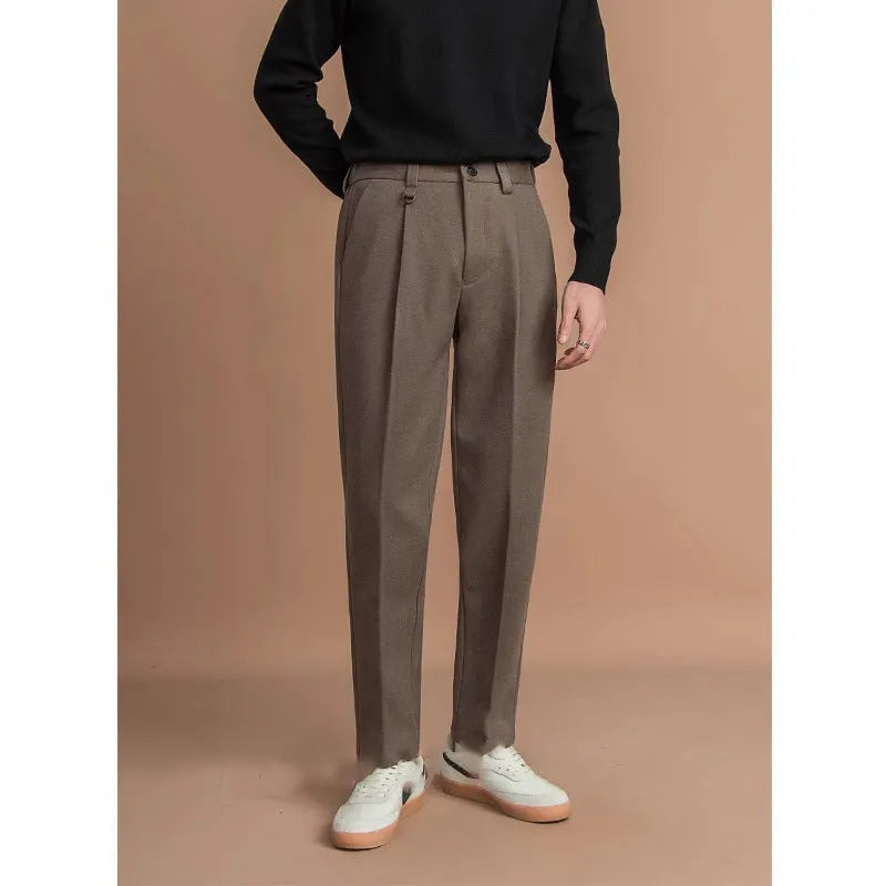 Men's straight leg trousers in black, dark grey, khaki, and brown colours