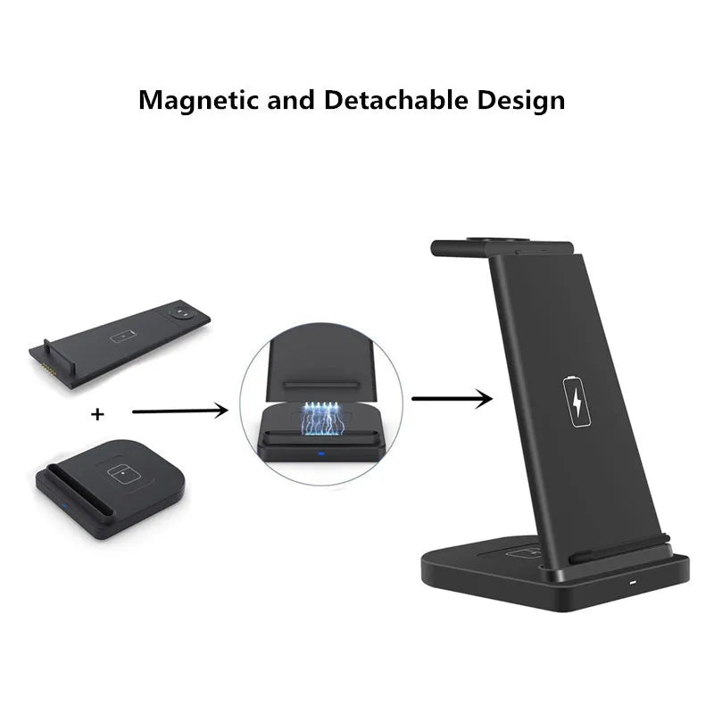 Black foldable 3-in-1 wireless charger showing phone, headphones, and watch charging simultaneously