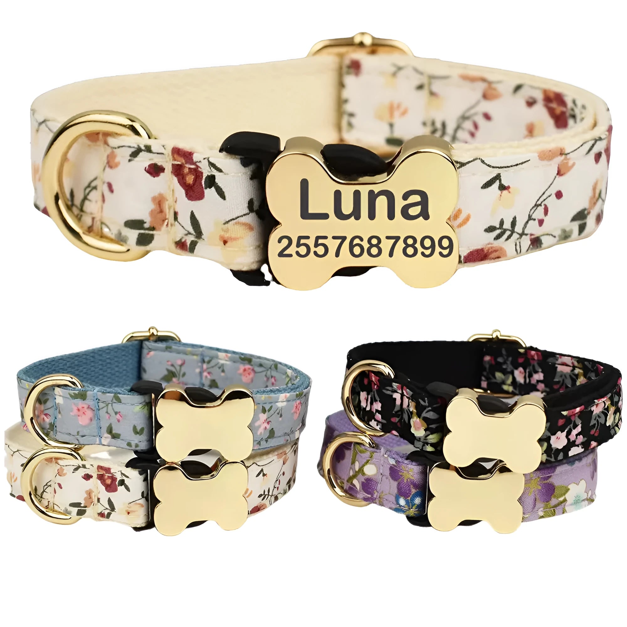 Flat fabric printed grid dog collar with bone buckle in multiple colours.