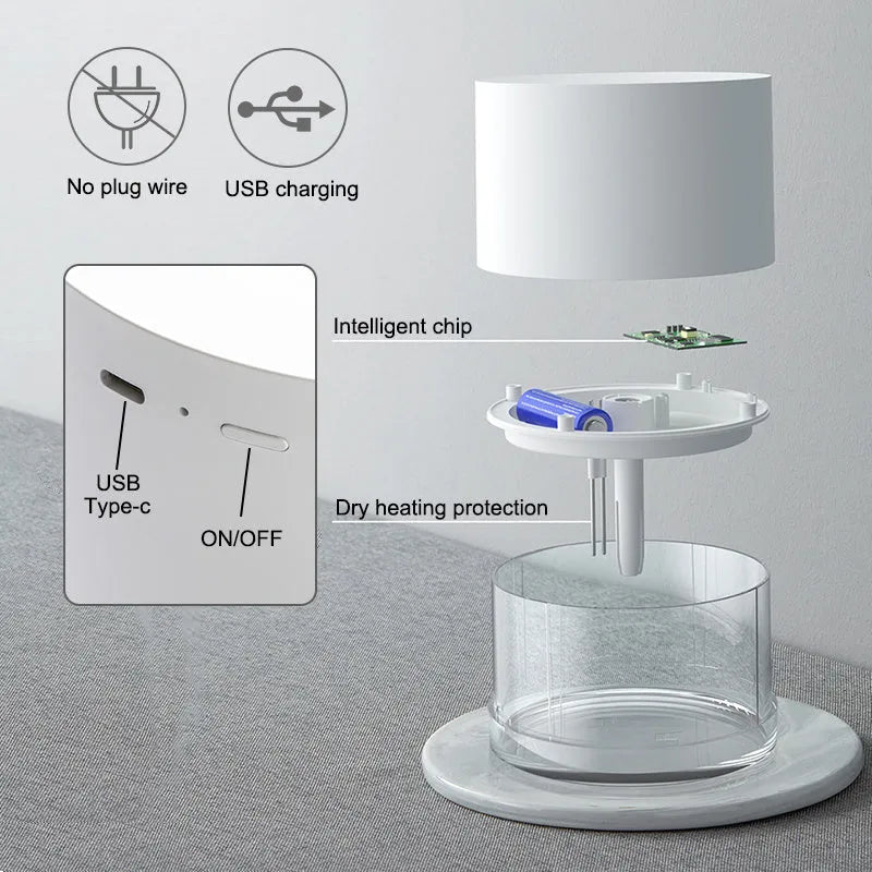 Wireless ultrasonic humidifier 780ml portable USB rechargeable with night light in white