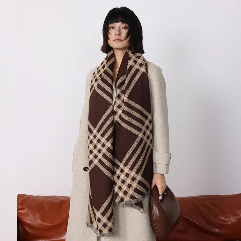 Qianjin mid-length brown imitation cashmere scarf with tassels laid flat showing 185cm length.