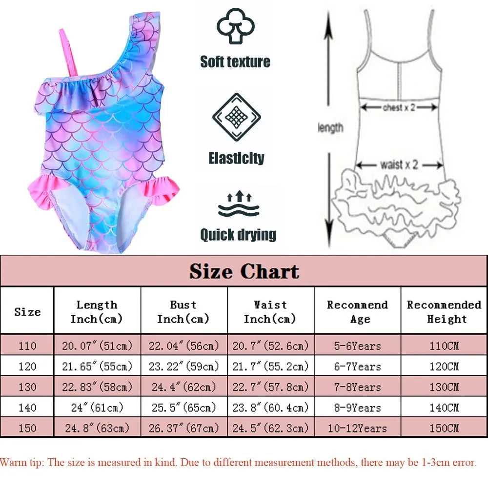 Girls' one-piece swimsuit with cartoon scale print and flounced gradient design in high elasticity nylon.
