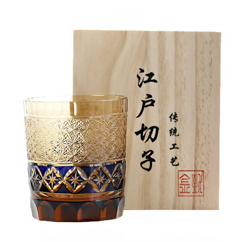 Hand carved crystal whiskey glass in amber colour with Japanese retro style