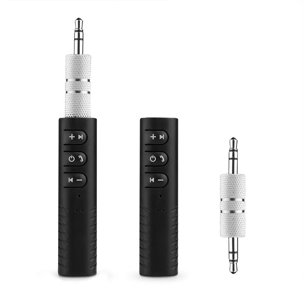 Black Bluetooth 4.1 car audio receiver with 3.5mm AUX jack for wireless music streaming