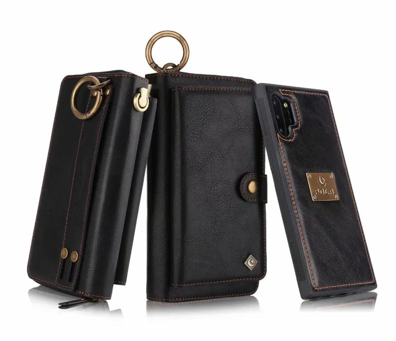 Black PU leather phone wallet case with a zipper, shown next to a credit card.