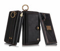 Black PU leather phone wallet case with a zipper, shown next to a credit card.