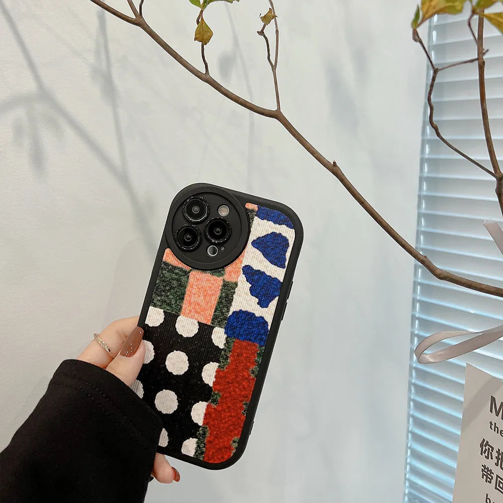 Art colour contrast patchwork TPU phone case in black leather style with fabric stitching for Apple iPhone
