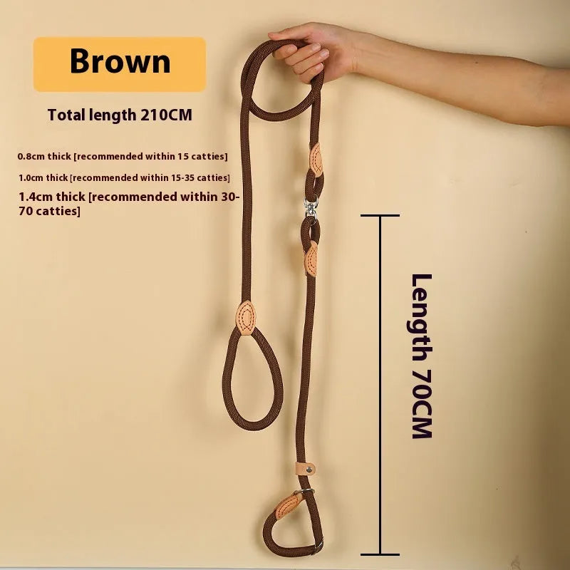 Brown nylon P-chain dog leash with hand holding rope measuring 2.1 metres long