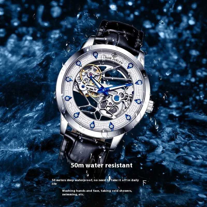 Men's silver case mechanical watch with white dial, blue hands, and a black genuine leather strap.