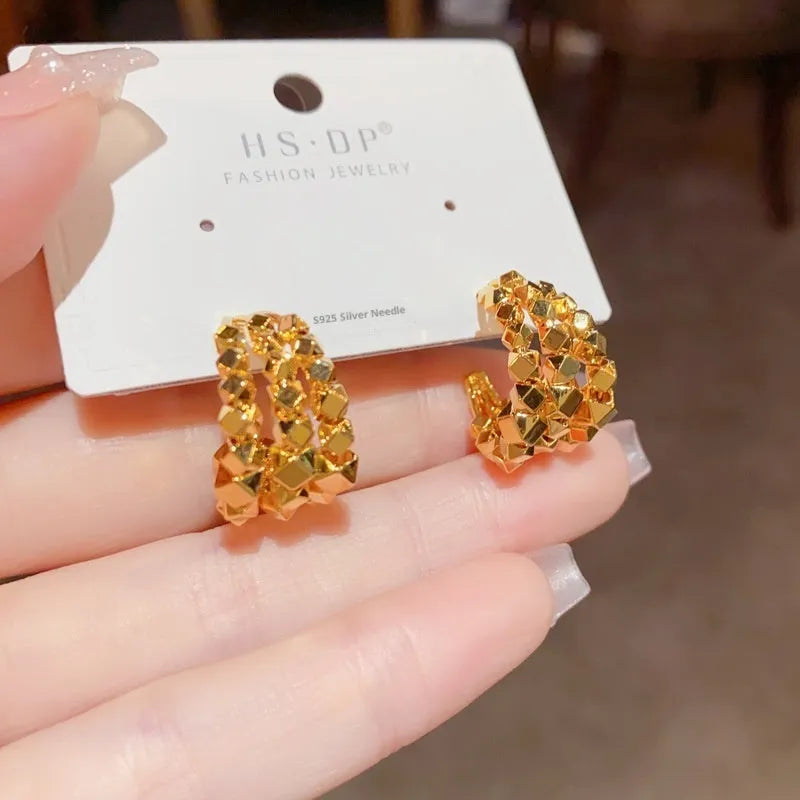 Multi-layer ear ring pair in copper with real gold plating, gold or silver tone, geometric ring design