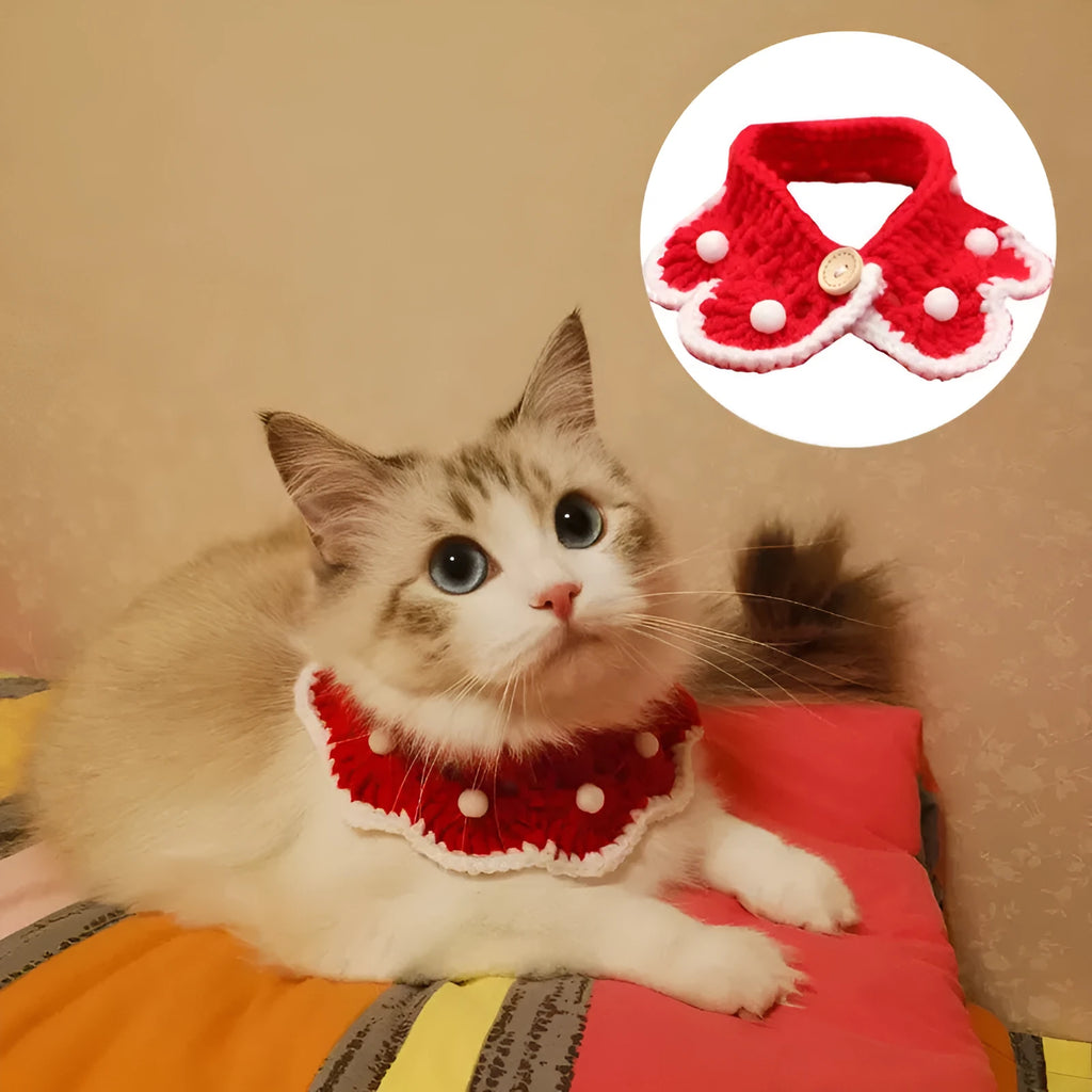 Red wool knitted pet saliva towel bib with bowknot pattern for small animals