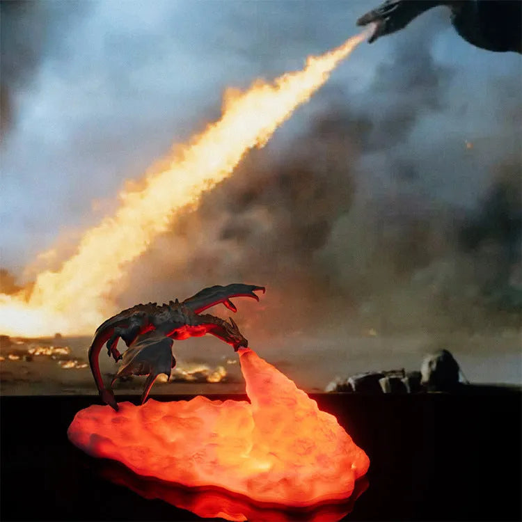 3D printed red dragon decorative lamp with glowing fire-breathing effect on a dark background
