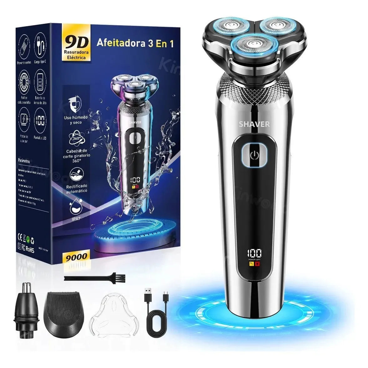 Digital display USB rechargeable beard scraper with a fully washable black body and floating cutter head.