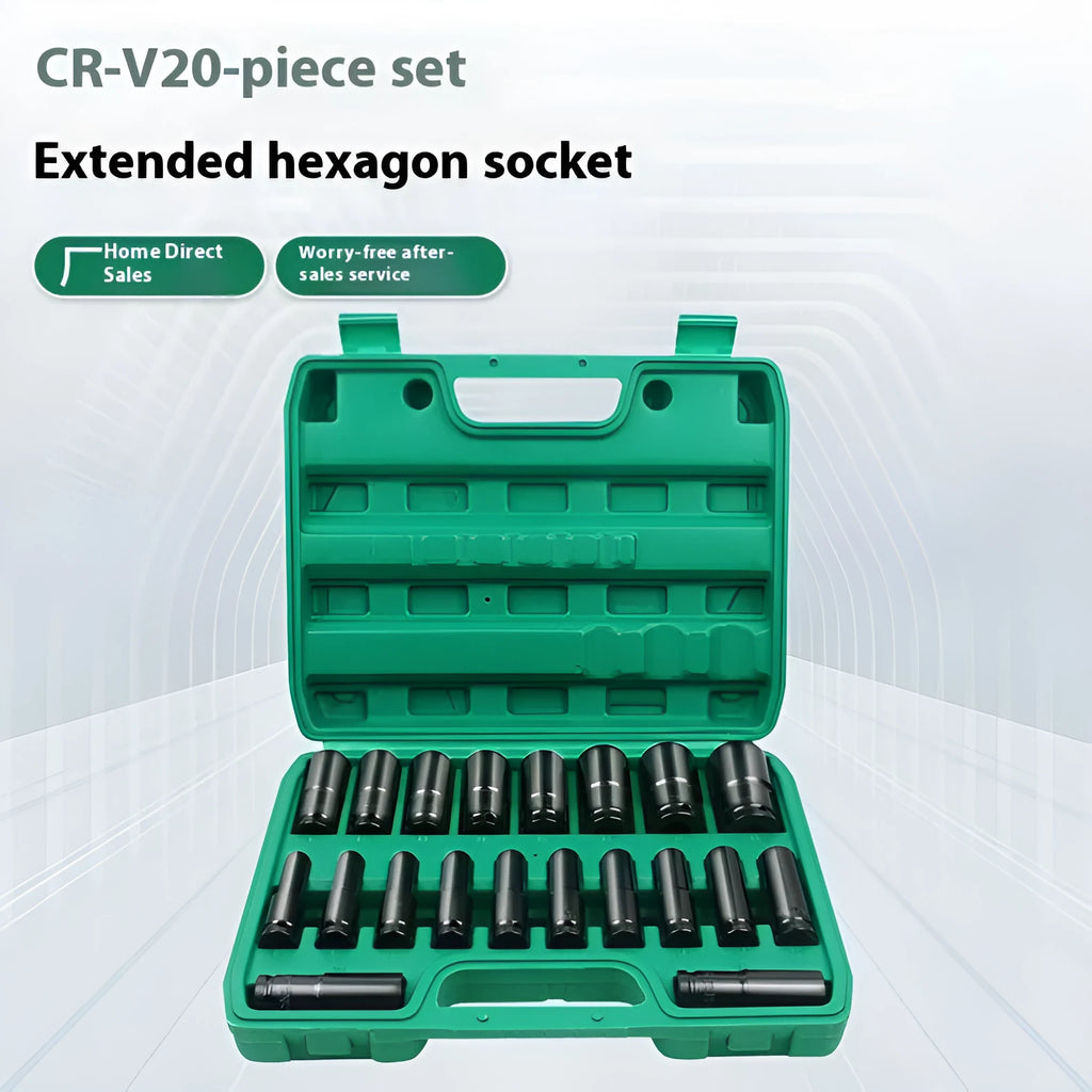 20-piece lengthened hexagon socket set in chrome vanadium steel with electrophoresis black finish, 8-32 range